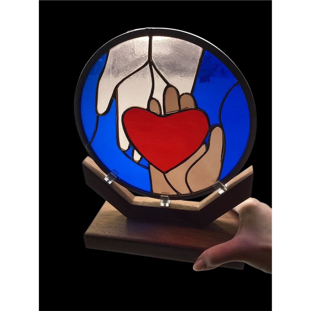 Vintage Stained Glass On Wood Stand Heart with 2 Hands Love Friends 9" Circle
